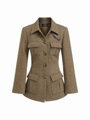 Wool-look Collar Button Pocket Cinched Waist Jacket