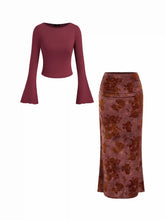 Boat Neck Long Sleeve Top & Mid Rise Floral Ruched Maxi Skirt Set