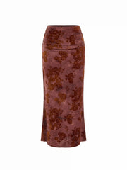 Boat Neck Long Sleeve Top & Mid Rise Floral Ruched Maxi Skirt Set