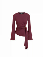 Round Neckline Ruched Metal Detail Long Sleeve Tee