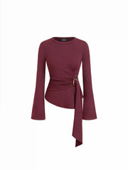 Round Neckline Ruched Metal Detail Long Sleeve Tee