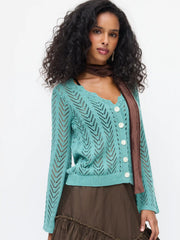 Knit V-neck Hollow Out Long Sleeve Cardigan