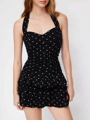 Cotton-blend Halter Neckline Polka Dot Ruched Layered Mini Dress