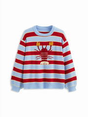Knit Lobster Pattern Striped Round Neckline Oversized Sweater Curve & Plus