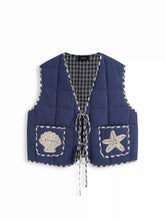 Cotton Gingham Tie Front Star & Shell Stitch Puffer Vest Curve & Plus