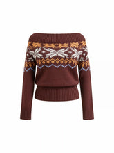 Knit Snowflake Fair Isle Off-shoulder Cinched Waist Sweater