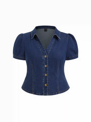 Stretch Denim Collar V-neck Short Sleeve Blouse Curve & Plus