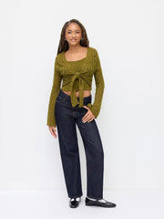 Knit V-neck Bell Sleeve Tie Front Hollow Out Cardigan With Cami Top