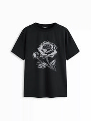 Cotton-blend Round Neckline Rose Graphic Oversized Longline Tee