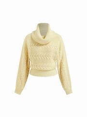 Cable Knit High Neck Long Sleeve Cinched Waist Top