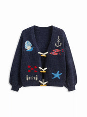 Knit Wool-blend V-neck Sea Animal Toggle Button Oversized Cardigan Curve & Plus
