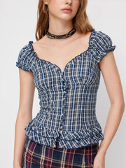 Sweetheart Tartan Ruched Lettuce Trim Layered Blouse