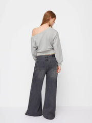 Terry Asymmetrical Neck Long Sleeve Sweatshirt