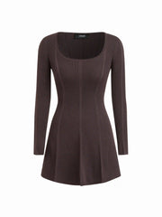 Knit Scoop Neckline Long Sleeve A-line Mini Dress