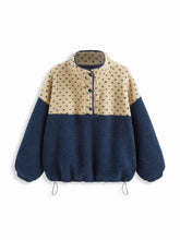 Fleece Stand Collar Two Tone Patchy Drawstring Oversized Sweatshirt Curve & Plus