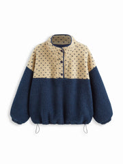 Fleece Stand Collar Two Tone Patchy Drawstring Oversized Sweatshirt Curve & Plus