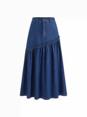 Cider Denim Mid Rise Asymmetrical Lettuce Trim A-line Maxi Skirt