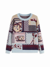 Knit Floral Spoon & Cup Pattern Colorblock Top Curve & Plus