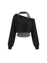 Two Piece Terry Asymmetrical Neck Crop Sweatshirt With Striped Tank Top
