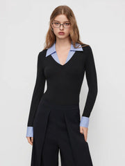 Cotton Collar V-neck Two Tone Striped Bodysuit
