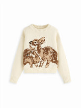 Knit Deer Pattern Round Neckline Long Sleeve Oversized Top
