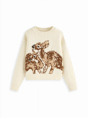 Knit Deer Pattern Round Neckline Long Sleeve Oversized Top