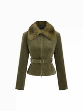 Corduroy Faux Fur Trim Collar Jacket With Belt