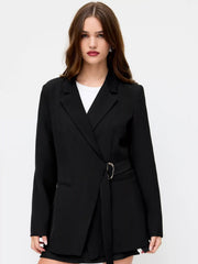 Collar Solid Belted Metal Detail Long Sleeve Blazer