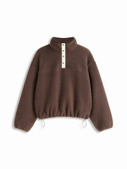 Fleece Collar Drawstring Button Long Sleeve Sweatshirt