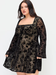 Mesh Square Neck Floral Ruffle Mini Dress Curve & Plus