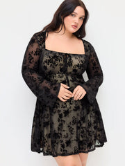 Mesh Square Neck Floral Ruffle Mini Dress Curve & Plus