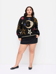 Knit Star & Moon Pattern Oversized Top Curve & Plus
