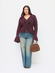 Knit Mohair-blend V-neck Long Sleeve Tie Front Ruffle Split Cardigan Curve & Plus