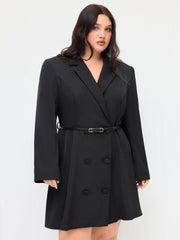 Notched Collar V-neck Double Breasted Mini Blazer Dress With Belt Curve & Plus