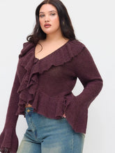 Knit Mohair-blend V-neck Long Sleeve Tie Front Ruffle Split Cardigan Curve & Plus