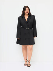 Notched Collar V-neck Double Breasted Mini Blazer Dress With Belt Curve & Plus