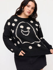 Knit Wool-blend Round Neckline Polka Dot Ghost Oversized Top Curve & Plus