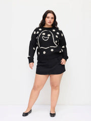Knit Wool-blend Round Neckline Polka Dot Ghost Oversized Top Curve & Plus