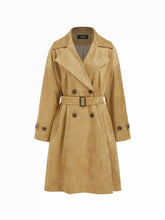 Suede Notched Collar Double Breasted Oversized Trench Coat With Belt