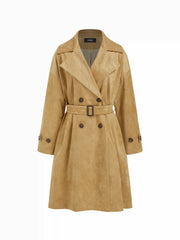 Suede Notched Collar Double Breasted Oversized Trench Coat With Belt