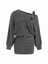 Knit Wool-blend Asymmetrical Neck Mini Dress With Belt