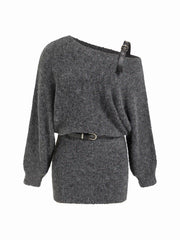 Knit Wool-blend Asymmetrical Neck Mini Dress With Belt
