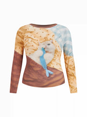 Cat Pattern Long Sleeve Tee Curve & Plus