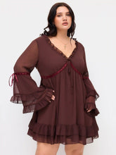 Chiffon V-neck Lettuce Trim Bowknot Ruffle Mini Dress Curve & Plus