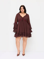 Chiffon V-neck Lettuce Trim Bowknot Ruffle Mini Dress Curve & Plus