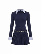 Knit Fabric Collar Belted Pleated Dress