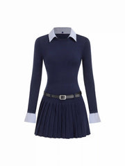 Knit Fabric Collar Belted Pleated Dress