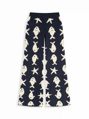 Knit Fish Pattern Mid Rise Elastic Waist Wide Leg Trousers