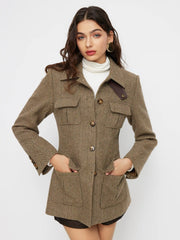 Wool-look Collar Button Pocket Cinched Waist Jacket