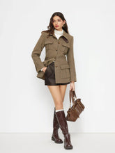 Wool-look Collar Button Pocket Cinched Waist Jacket